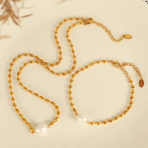 Collier Et Bracelet En Acier Inoxydable Avec Perle D'Eau Douce Mode Bijoux En Chaîne De Perles En Métal De Luxe Pour Femmes