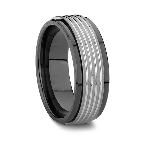 Men Minimalist Stainless Steel Ceramic Combination Ring Black Silver Brushed Grooved Band Fashion Jewelry Industrial Ring