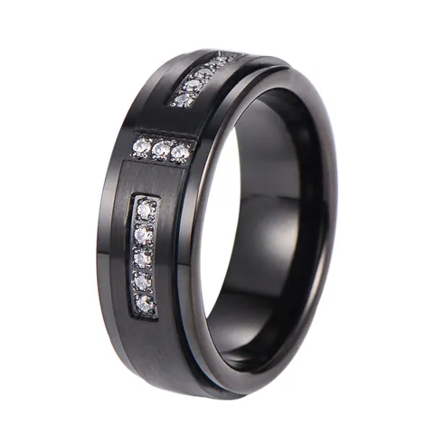 Luxury Men Tungsten Steel Ceramic Band Ring Brushed Matte Black Zirconia Inlaid Minimalist Industrial Style Jewelry Gift