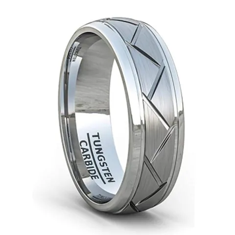 Bague en Carbure de Tungstène Brossé pour Hommes Bord Biseauté Rainure en Chevrons Anneau Comfort Fit Bijoux de Mariage