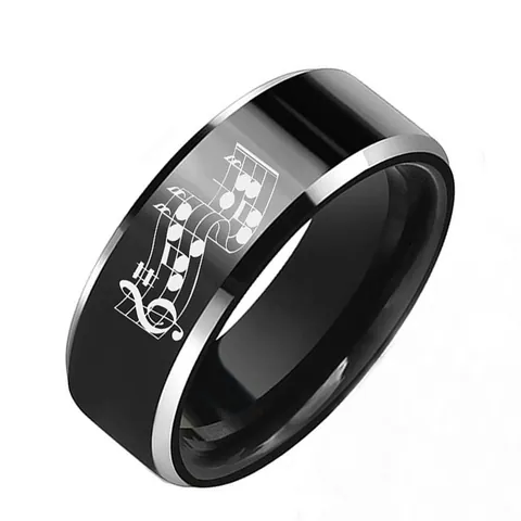 Herren Wolframstahl Ring Musiknoten Design Schwarz Poliert Silber Abgeschrägte Kante Band Mode Schmuck Geschenk Für Ihn