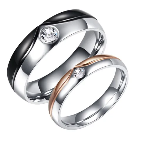 Minimalist Tungsten Steel Stainless Steel Couple Ring Two Tone Single Zirconia Inlaid Polished Finger Ring For Men Women Anniversary Gift