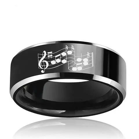 Herren Wolframstahl Ring Musiknoten Design Schwarz Poliert Silber Abgeschrägte Kante Band Mode Schmuck Geschenk Für Ihn