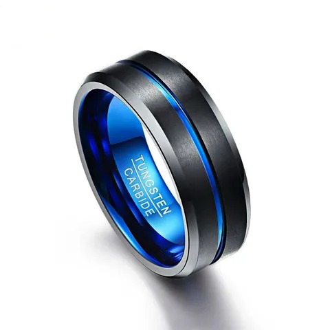 Men's Tungsten Carbide Ring Matte Black Brushed Finish Blue Grooved Center Beveled Edge Comfort Fit Fashion Band Jewelry