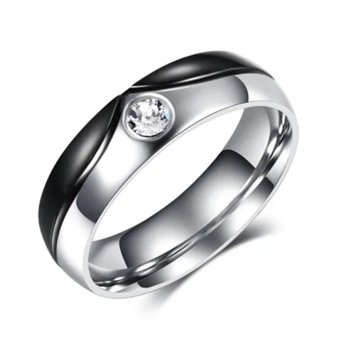 Minimalist Tungsten Steel Stainless Steel Couple Ring Two Tone Single Zirconia Inlaid Polished Finger Ring For Men Women Anniversary Gift