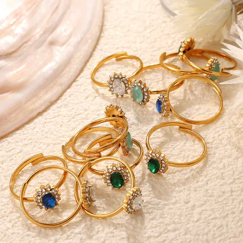 Anello Aperto in Acciaio Inossidabile Zircone Vintage Francese Placcato Oro Ovale Pietra Blu Verde Bianca Anello Regolabile
