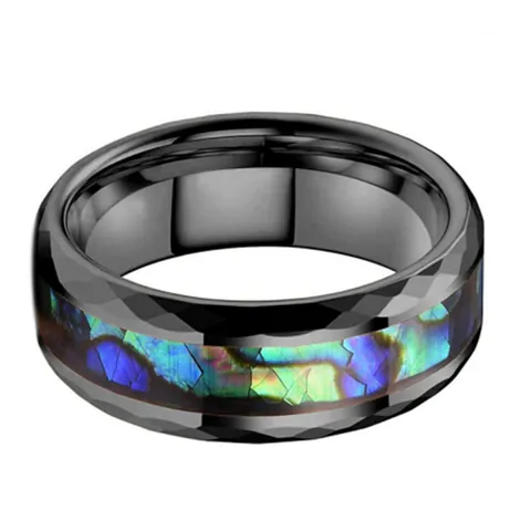 8mm Men's Tungsten Steel Ring Inlaid Colorful Abalone Shell Faceted Rhombic Cutting Polished Black Band Fashion Jewelry