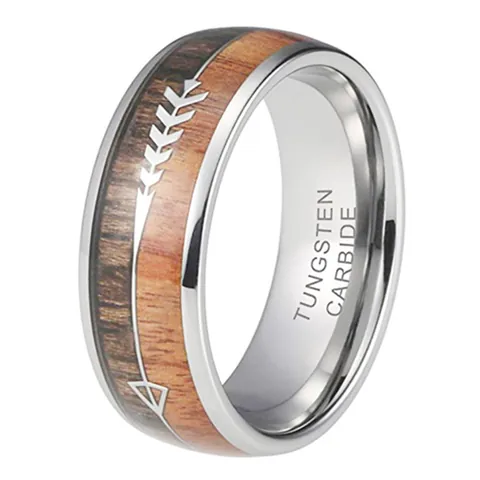 Men's Tungsten Carbide Ring With Wood Inlay Arrow Pattern Polished Tungsten Steel Band Ring For Men Daily Fashion Jewelry Gift