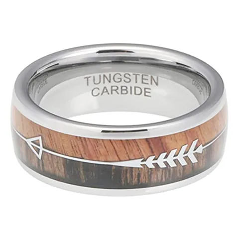 Men's Tungsten Carbide Ring With Wood Inlay Arrow Pattern Polished Tungsten Steel Band Ring For Men Daily Fashion Jewelry Gift