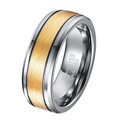 Bague pour Hommes en Carbure de Tungstène 8mm Bicolore Or Argent Centre Brossé Bord Poli Anneau de Mariage Bijoux de Mode Cadeau