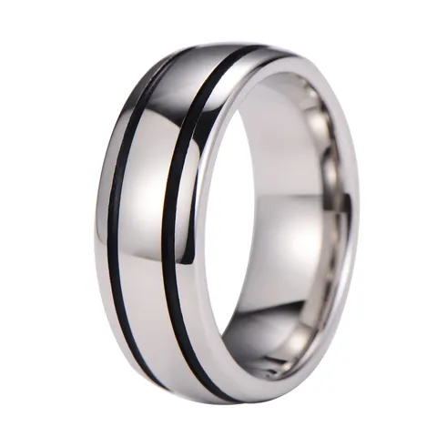 Men's Tungsten Steel Ring Silver Polished Arched Band With Double Black Lines Minimalist Modern Jewelry For Men