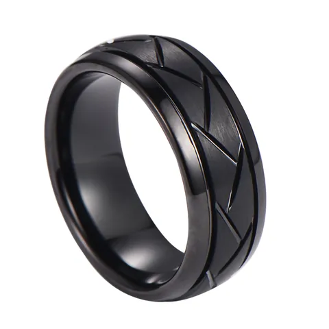Luxury Men's Black Tungsten Steel Ring Matte Herringbone Groove Geometric Band Industrial Style Fashion Jewelry Gift