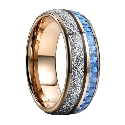 Tungsten Steel Ring Rose Gold Plated Inlay Blue Carbon Fiber Silver Meteorite Pattern Band Ring For Men Women Jewelry