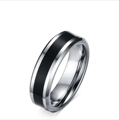 Bague en Carbure de Tungstène 6mm pour Hommes Femmes Bord Biseauté Incrustation en Émail Noir Bijoux de Mode Alliance Taille 5-15
