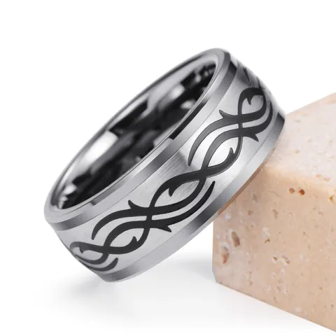8mm Tungsten Carbide Ring For Men Black Brushed Finish Tribal Pattern Punk Style Polished Inner Band Fashion Jewelry Gift