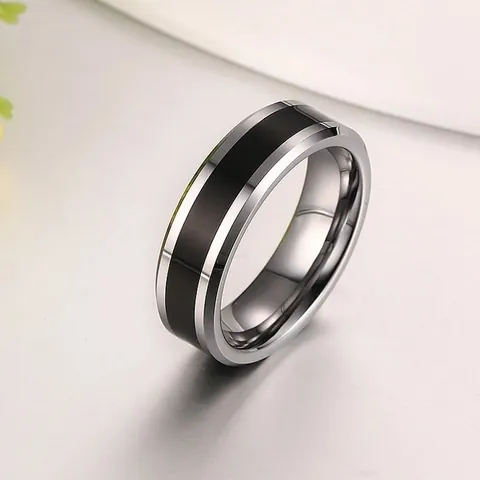 Bague en Carbure de Tungstène 6mm pour Hommes Femmes Bord Biseauté Incrustation en Émail Noir Bijoux de Mode Alliance Taille 5-15