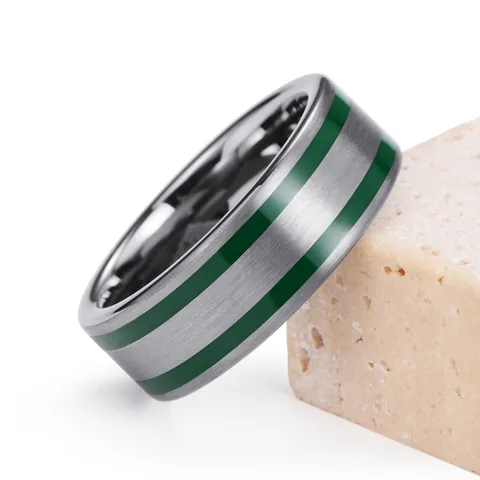 Brushed Tungsten Steel Ring For Men Minimalist Industrial Style Parallel Green Stripes Comfort Fit Band Jewelry Gift