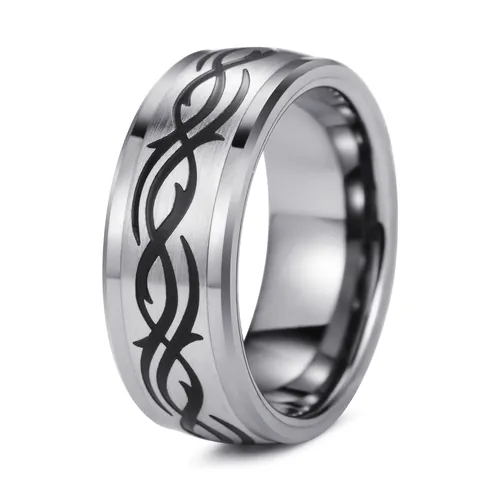 8mm Tungsten Carbide Ring For Men Black Brushed Finish Tribal Pattern Punk Style Polished Inner Band Fashion Jewelry Gift