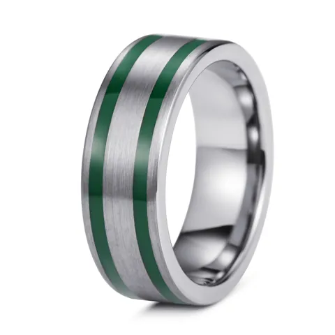 Brushed Tungsten Steel Ring For Men Minimalist Industrial Style Parallel Green Stripes Comfort Fit Band Jewelry Gift