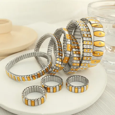 Luxury Two-Tone Stainless Steel Elastic Bangle Bracelet With Rhinestone Inlaid Adjustable Stretch Ring Fashion Jewelry Set