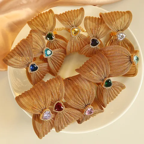Luxury Gold Plated Stainless Steel Mesh Bowknot Bracelet For Women Heart Shaped Colorful Zirconia Inlaid Adjustable Chain Fashion Jewelry Gift