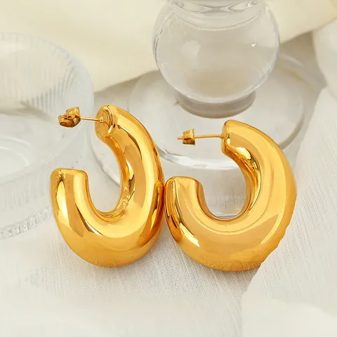 Stainless Steel C-Shape Hoop Earrings 18K Gold Silver Plated Geometric Chunky Metal Stud Earrings For Women Minimalist Jewelry