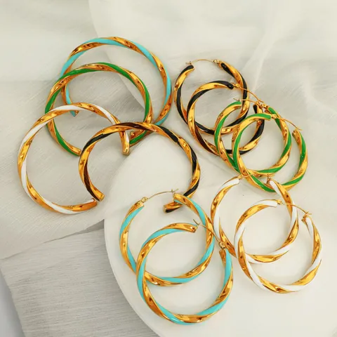 Gedrehte Edelstahl Creolen Und Manschetten Armband Set Für Damen Vergoldet Emaille Spirale Geometrisches Statement Schmuck Zubehör