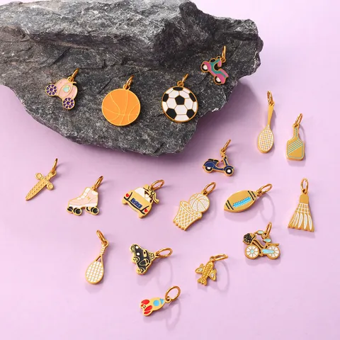 Stainless Steel Enamel Sports Transportation Theme DIY Charms Pendants Football Basketball Car Plane Scooter Accessories