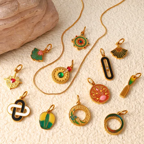 Vintage Stainless Steel Enamel Pendants For Jewelry Making Ethnic Geometric Fan Totem Charms For Necklace Bracelet DIY Women