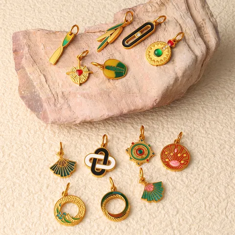 Vintage Stainless Steel Enamel Pendants For Jewelry Making Ethnic Geometric Fan Totem Charms For Necklace Bracelet DIY Women