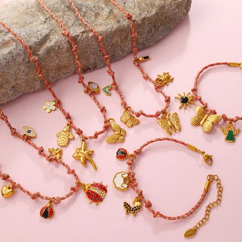 Handmade Woven Rope Necklace And Bracelet Jewelry With Stainless Steel Enamel Butterfly Ladybug Flower Charms Boho Jewelry For Women