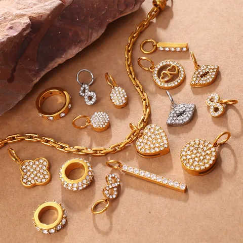 Minimalist Stainless Steel Rhinestone Charm Pendants For DIY Jewelry Making Gold Silver Color Heart Infinity Lip Charms