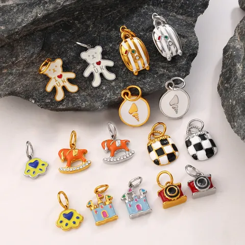 Stainless Steel Enamel Charms For Jewelry Making DIY Bear Castle Camera Checkerboard Bag Pendants Colorful Jewelry Making DIY Accessory