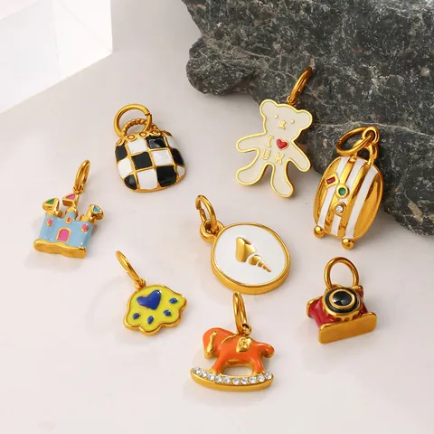 Stainless Steel Enamel Charms For Jewelry Making DIY Bear Castle Camera Checkerboard Bag Pendants Colorful Jewelry Making DIY Accessory