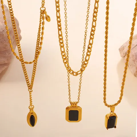 Vintage Stainless Steel Black Gemstone Pendant Necklace For Women Gold Plated Figaro Chain Layered Geometric Jewelry