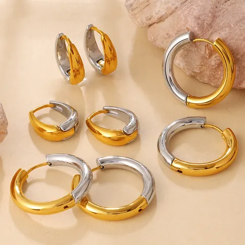 Boucles d'Oreilles Créoles Bicolores en Acier Inoxydable pour Femmes Minimaliste Géométrique En Forme de Larme Boucles d'Oreilles Rondes Hip Hop Bijoux de Mode Cadeau Individuel