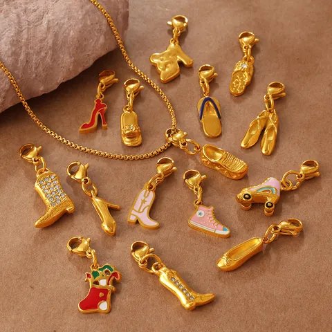 Stainless Steel Shoe Charms Pendants With Lobster Clasp Rhinestone Enamel High Heels Boots Sneakers DIY Jewelry Making Pendants For Women