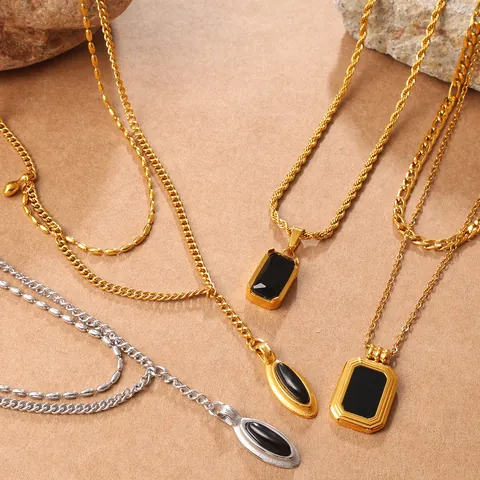 Vintage Stainless Steel Black Gemstone Pendant Necklace For Women Gold Plated Figaro Chain Layered Geometric Jewelry