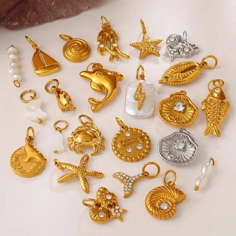 Pendentifs en Acier Inoxydable Plaqué Or 18K Thème Océan Étoile de Mer Coquillage Dauphin Charms pour Création Bijoux DIY