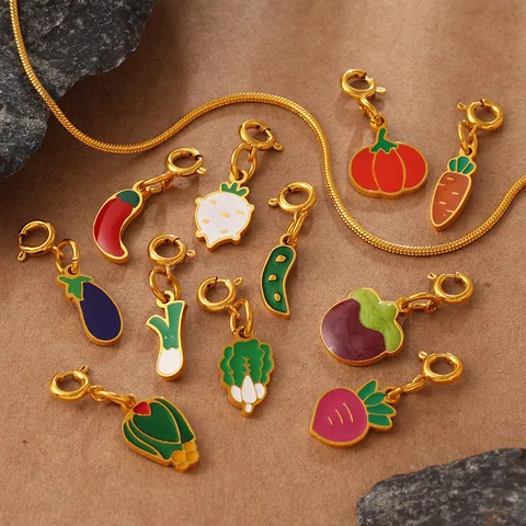Stainless Steel Vegetable Fruit Pendants Enamel Colorful Tomato Carrot Pumpkin Chili Garlic Acorn Cabbage DIY Jewelry Accessories