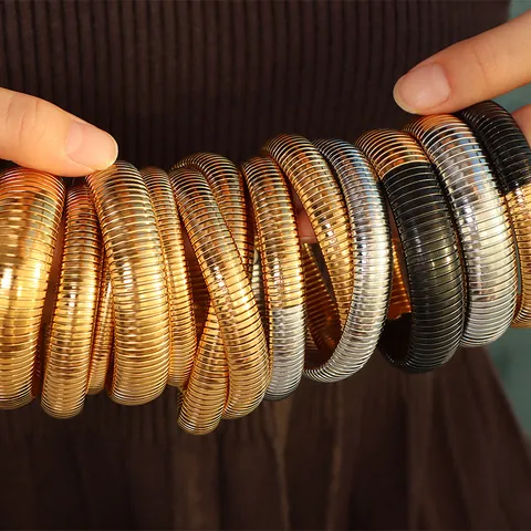 Vintage Titanium Steel Tubogas Bracelet For Women Elastic Ribbed Snake Bone Wide Bangle Mixed Color Fashion Punk Jewelry Gift