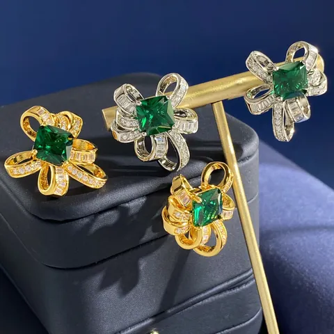 Smaragdgrün Zirkonia Schleife Halskette Und Ohrstecker Für Damen Gold Silber Vergoldet Kupfer Blume Schmuck Für Party