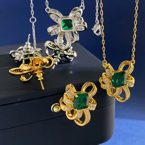 Smaragdgrün Zirkonia Schleife Halskette Und Ohrstecker Für Damen Gold Silber Vergoldet Kupfer Blume Schmuck Für Party