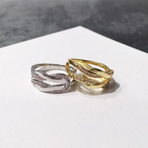 Fashion Copper Gold Silver Plated Double U Interlocking Knot Rings Cubic Zirconia Inlaid Cross Over Ring Women Jewelry