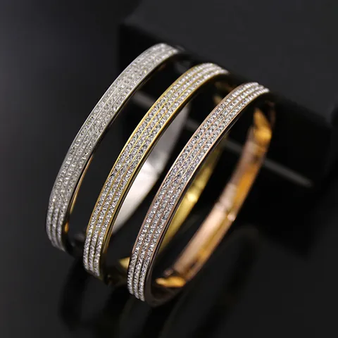 Titanium Staal Drie Rijen Strass Armring Voor Koppels Luxe Glanzende Sterrenhemel Armband Valentijnsdag Cadeau Voor Vrouwen