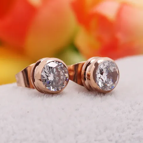 Titanium Steel Round Zirconia Stud Earrings 14k Rose Gold Plated Minimalist Single Diamond Earrings For Women Jewelry Gift
