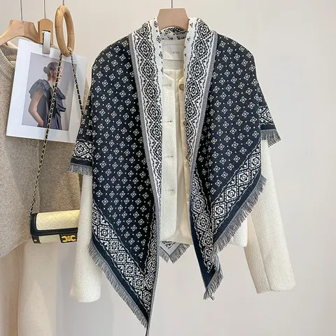 Vintage Women Faux Cashmere Triangle Scarf Minimalist Diamond Jacquard Tassel Warm Winter Shawl Wrap Bohemian Accessory