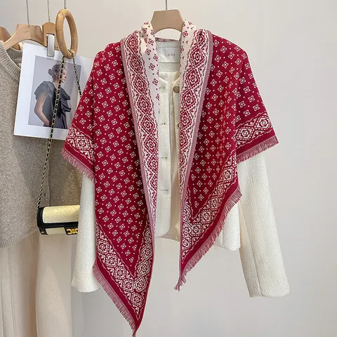 Vintage Women Faux Cashmere Triangle Scarf Minimalist Diamond Jacquard Tassel Warm Winter Shawl Wrap Bohemian Accessory