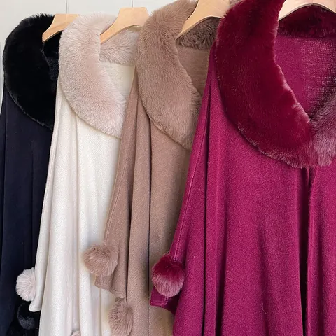 Women's Faux Rex Rabbit Fur Collar Knit Poncho Cloak Elegant Solid Color Loose Cardigan With Pom-poms Winter Warm Shawl Wrap