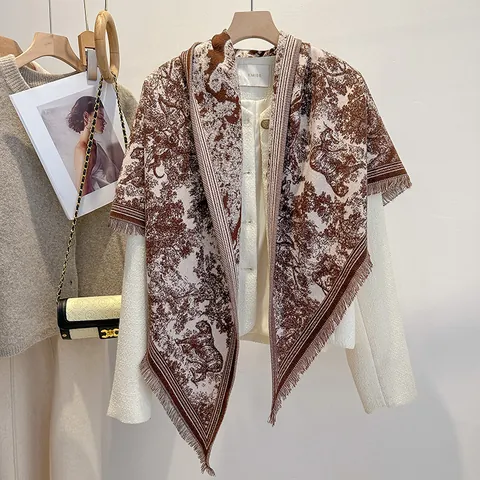 Vintage Toile-De-Jouy Schal Für Damen Winter Warm Kaschmir-Ähnlich Schal Mit Quasten Dschungeltiere Landschaftsdruck Große Tücher
